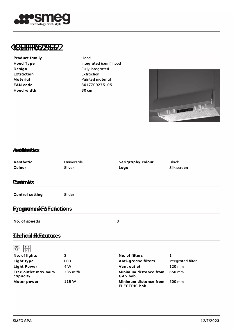 Page 1 de la notice Fiche technique Smeg KSEIR62SE2