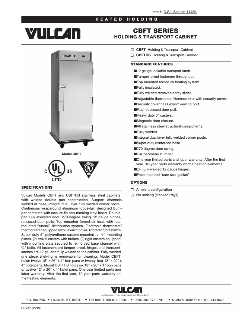 Page 1 de la notice Fiche technique Vulcan CBFTHS