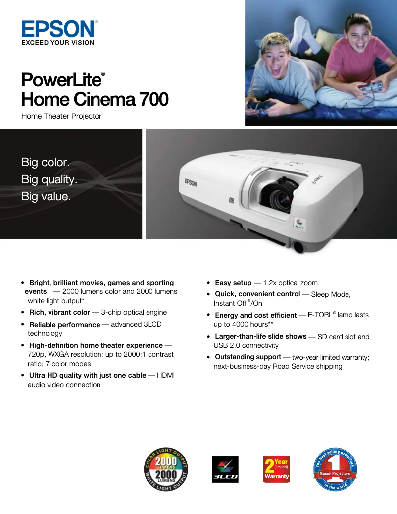 Page 1 de la notice Brochure Epson PowerLite Home Cinema 700