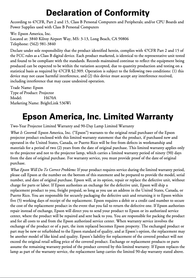 Página 1 del manual Información de garantía Epson BrightLink 536Wi