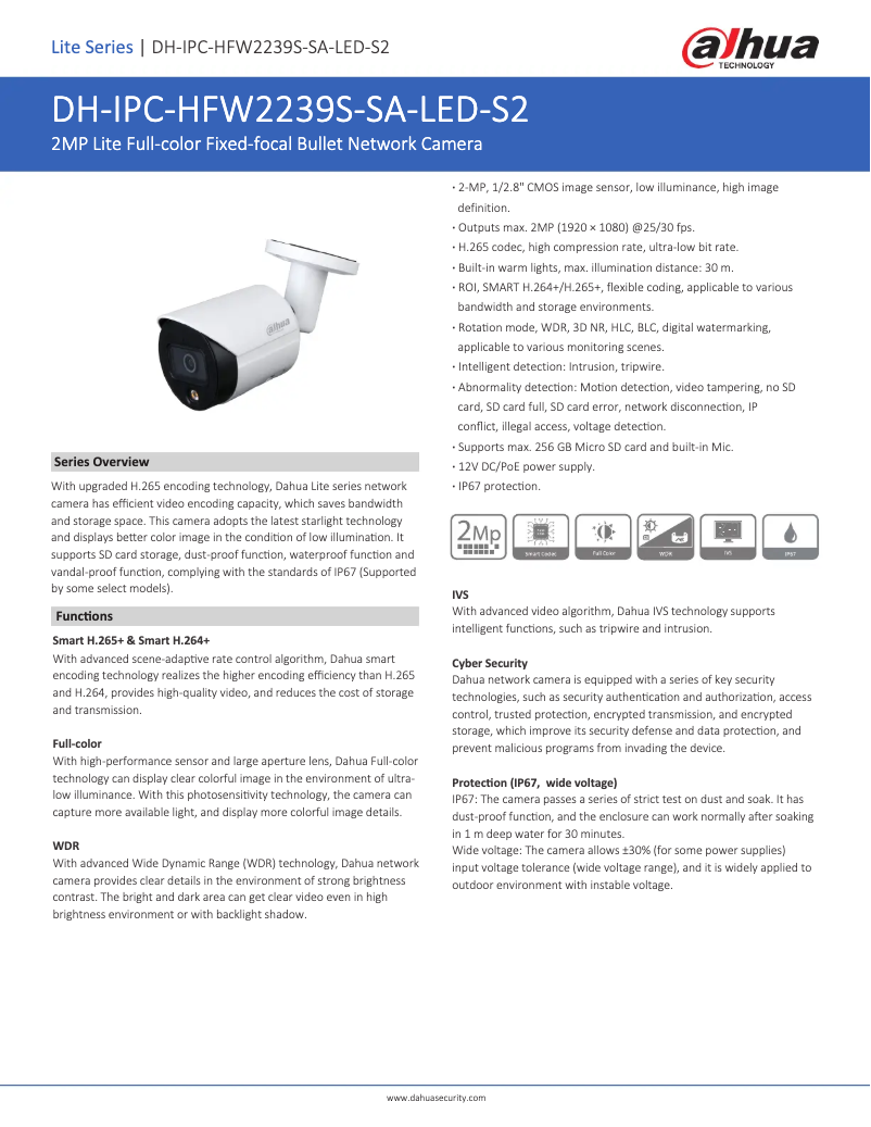 Page 1 de la notice Fiche technique Dahua Technology IPC-HFW2239S-SA-LED-S2