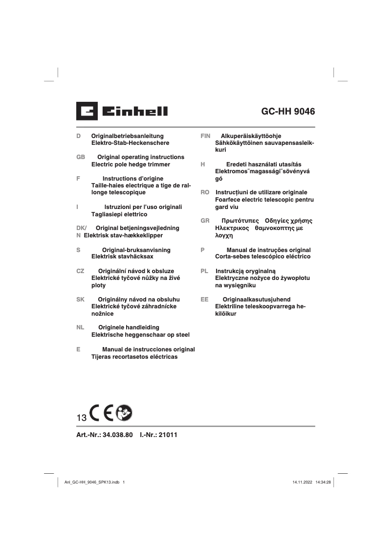 Page n°1 - Manuel utilisateur Einhell GC-HH 9046