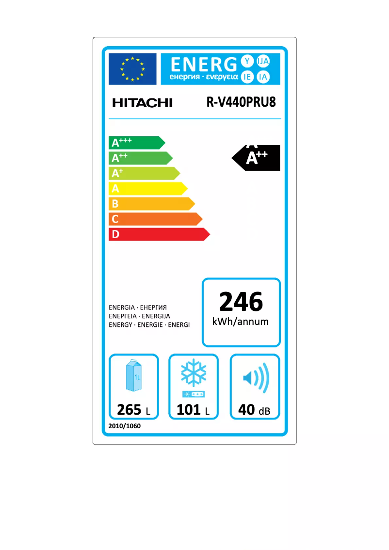 Page 1 de la notice Label énergétique Hitachi R-V440PRU8