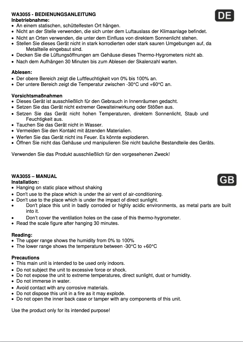 Page 1 de la notice Manuel utilisateur Techno Line WA 3055