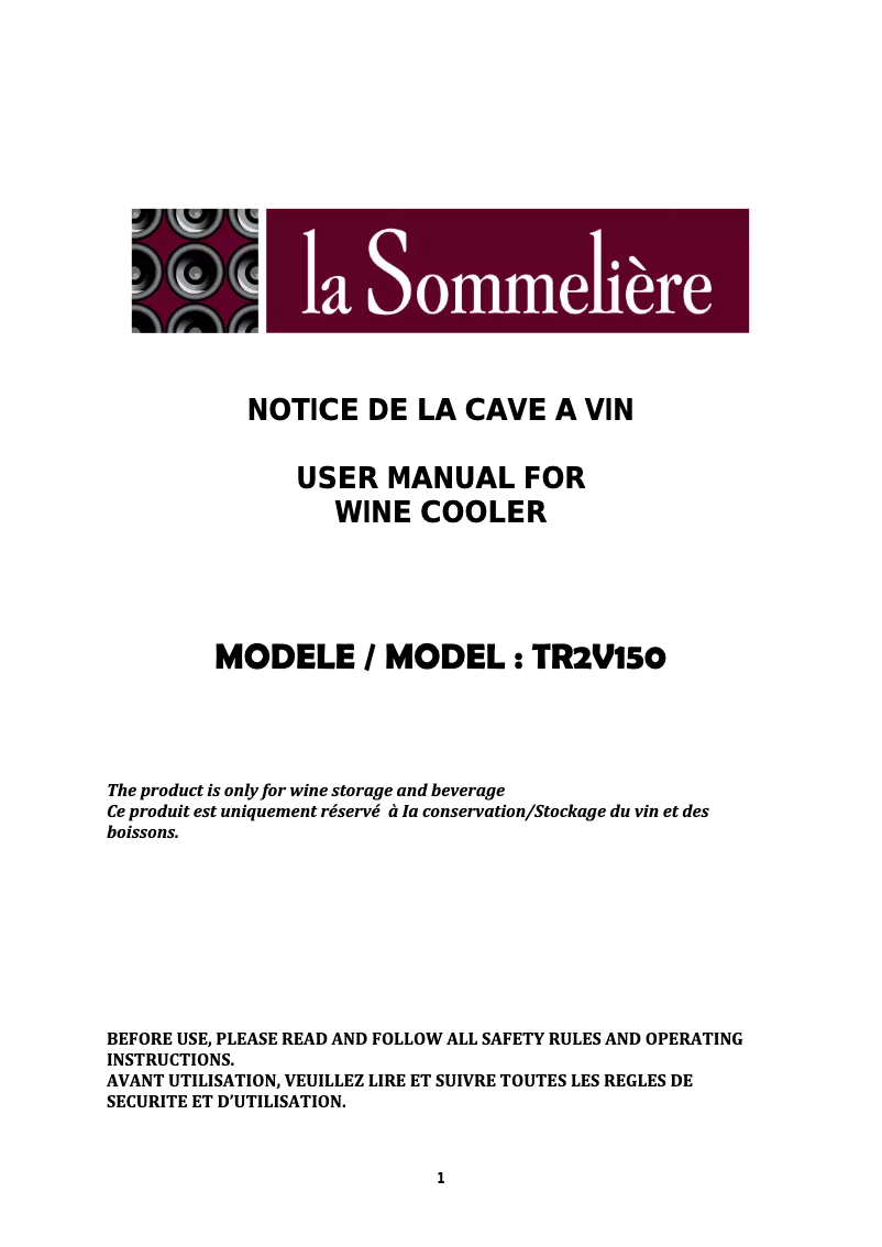 Page n°1 - Manuel utilisateur La Sommelière TR2V150