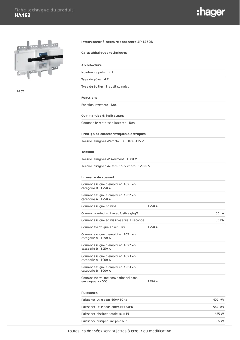 Page n°1 - Fiche technique Hager HA462