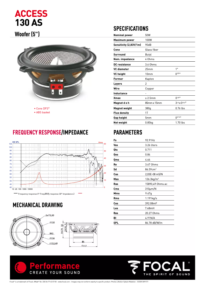 Page 1 de la notice Fiche technique Focal 130 AS