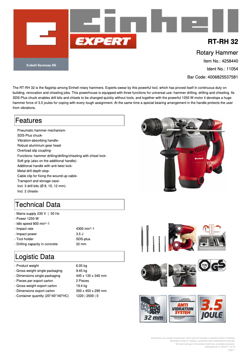 Page 1 de la notice Fiche technique Einhell RT-RH 32