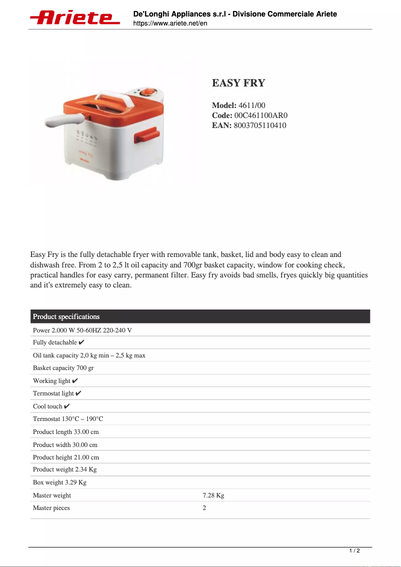 Page 1 de la notice Fiche technique Ariete Easy Fry 4611