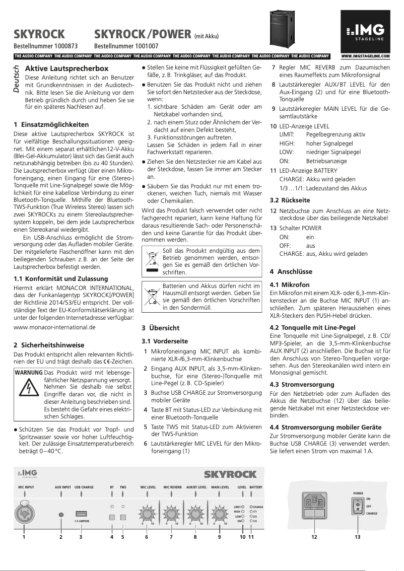 Page 1 de la notice Manuel utilisateur IMG Stageline SKYROCK/POWER