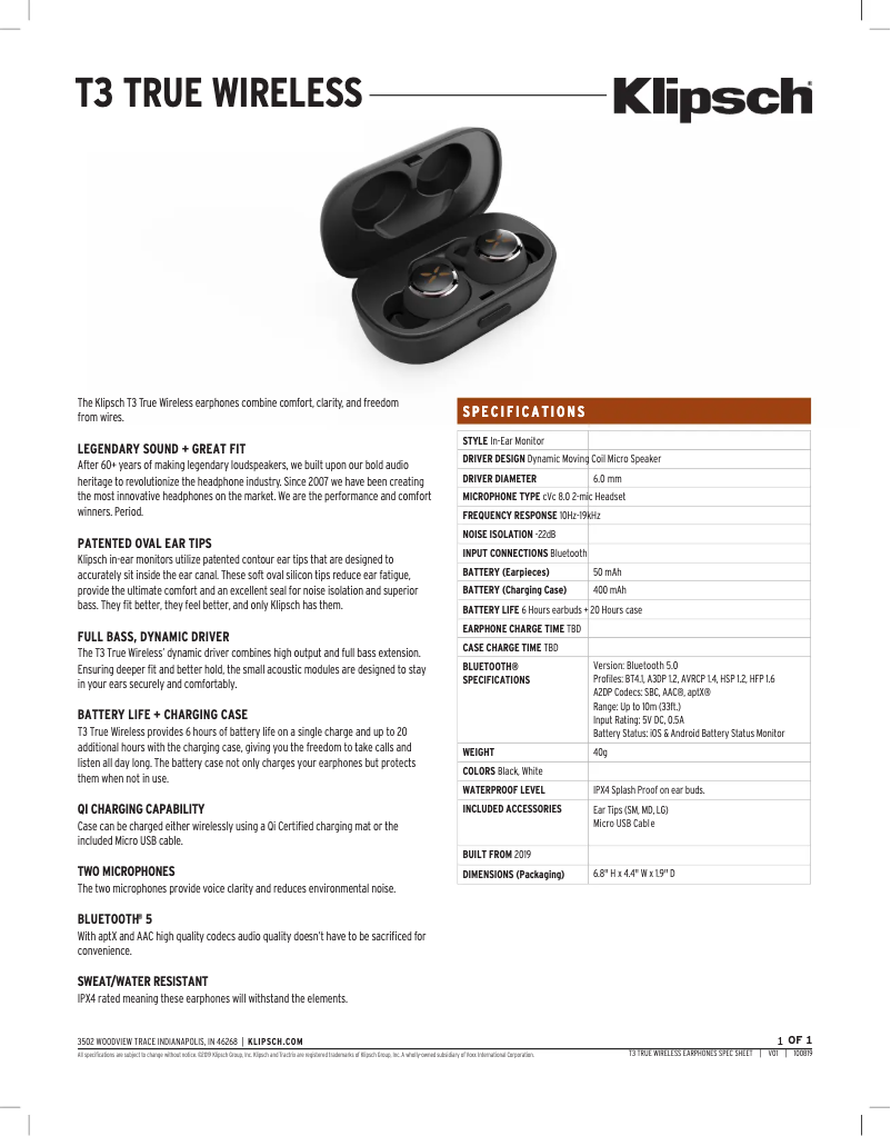Page 1 de la notice Fiche technique Klipsch T3 True Wireless