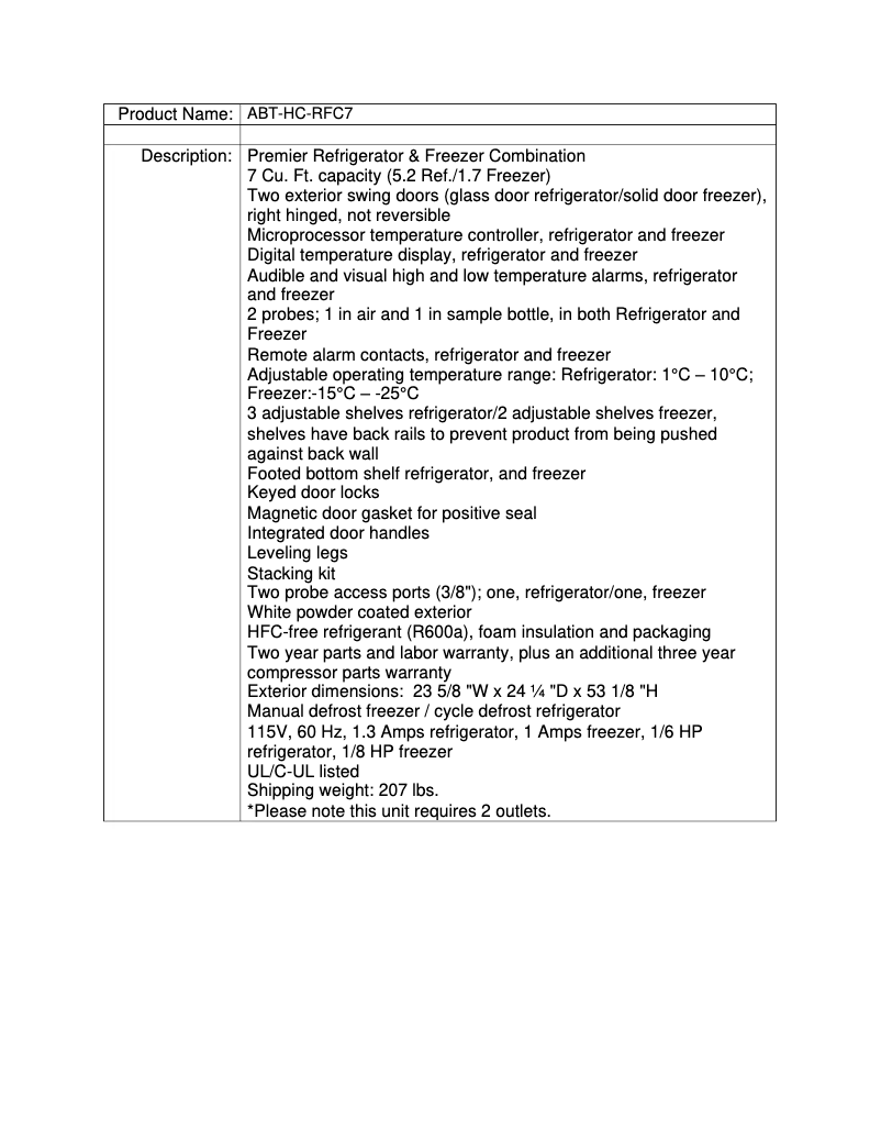 Page 1 de la notice Fiche technique American BioTech Supply ABT-HC-RFC7