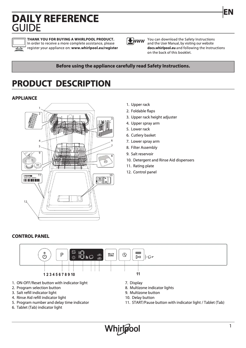 Page 1 de la notice Instructions de sécurité Whirlpool WSIC 3M27 C UK