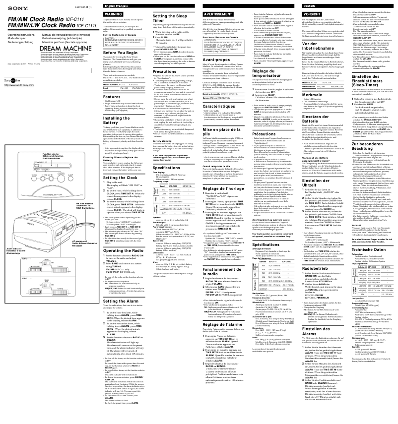 Page n°1 - Manuel utilisateur Sony ICF-C111