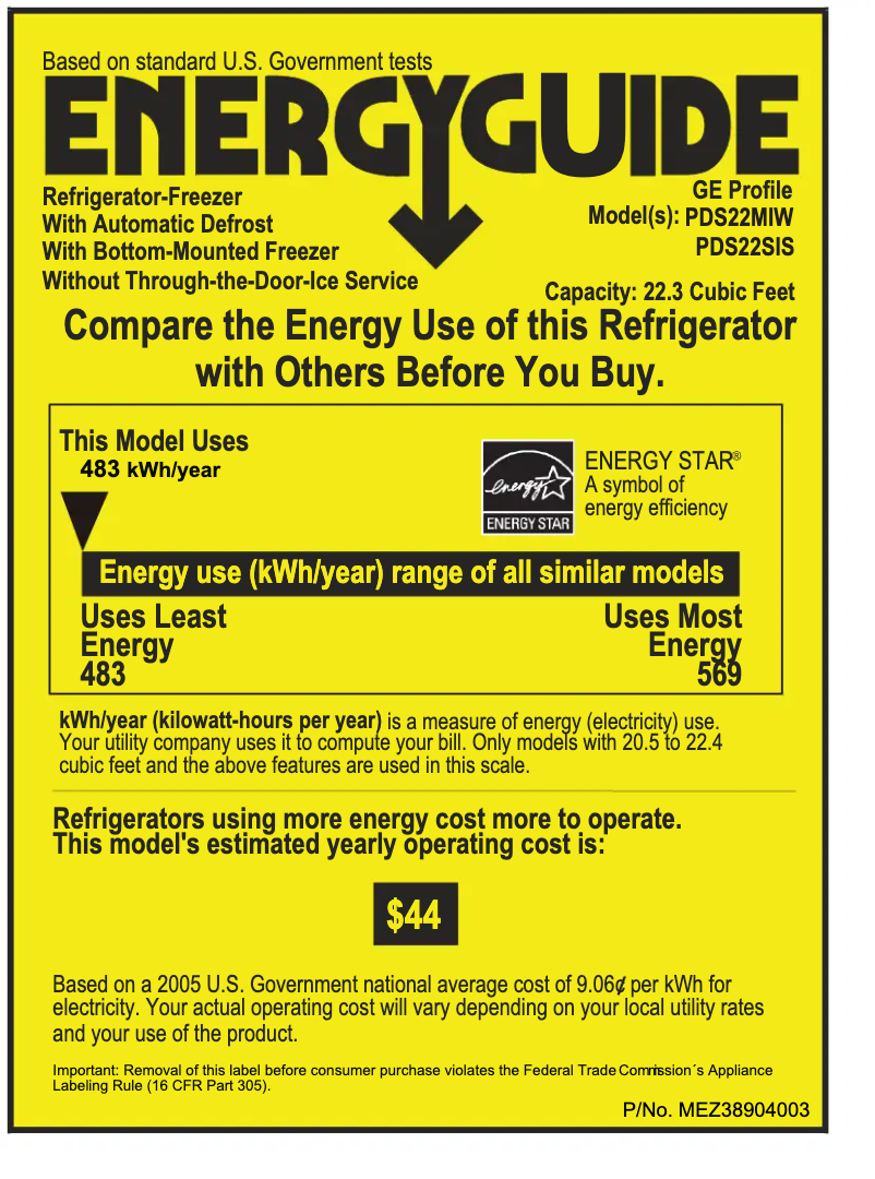 Page n°1 - Label énergétique GE Profile PDS22SISRSS