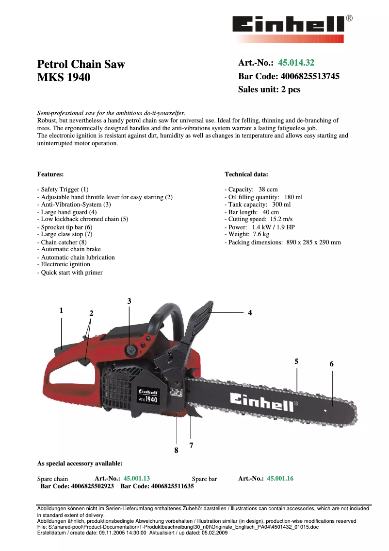 Page 1 de la notice Manuel utilisateur Einhell MKS 1940