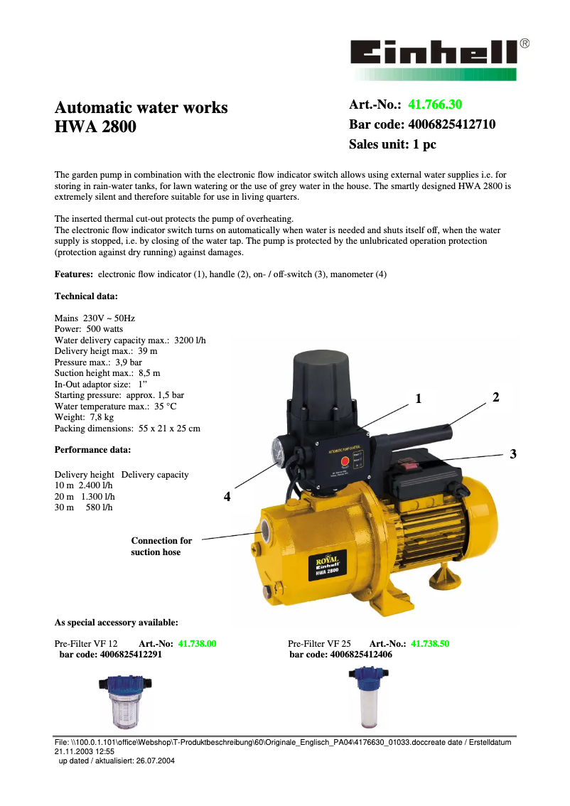 Page 1 de la notice Fiche technique Einhell Royal HWA 2800