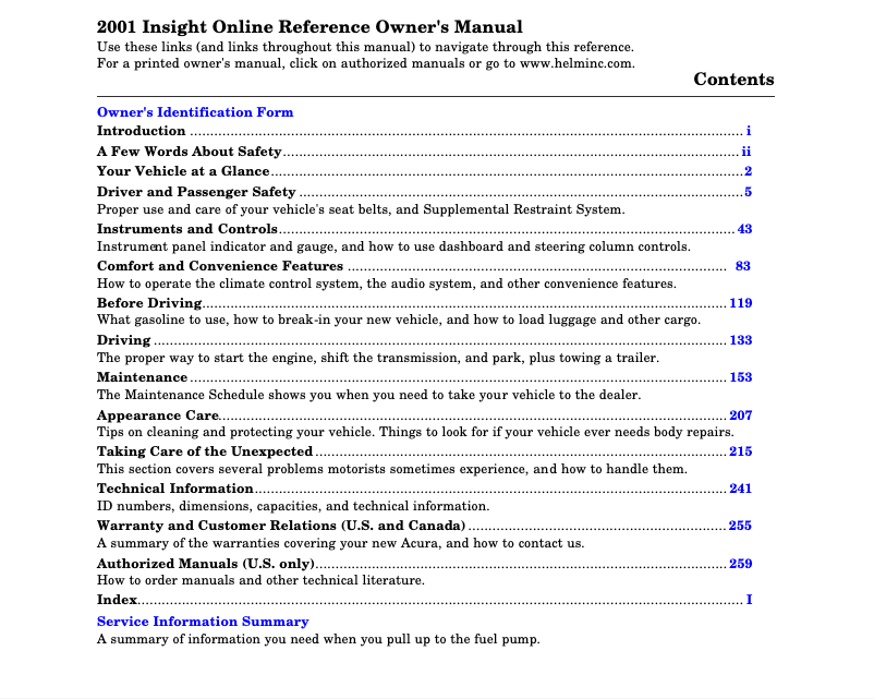 Image de la première page du manuel de l'appareil Insight (2001)