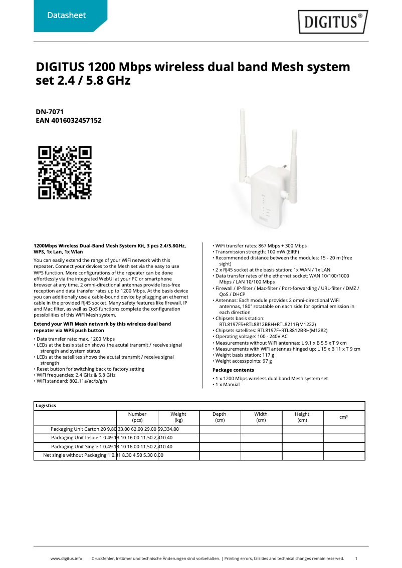 Page 1 de la notice Fiche technique Digitus DN-7071