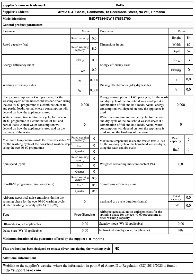 Page 1 de la notice Fiche technique Beko B5DFT58447W