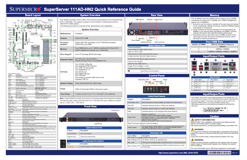 Page 1 de la notice Guide de démarrage rapide Supermicro SuperServer SYS-111AD-HN2