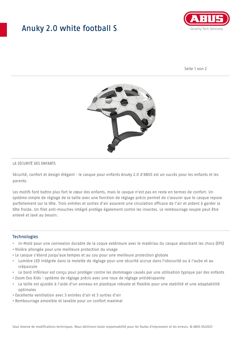 Page n°1 - Fiche technique Abus Anuky 2.0