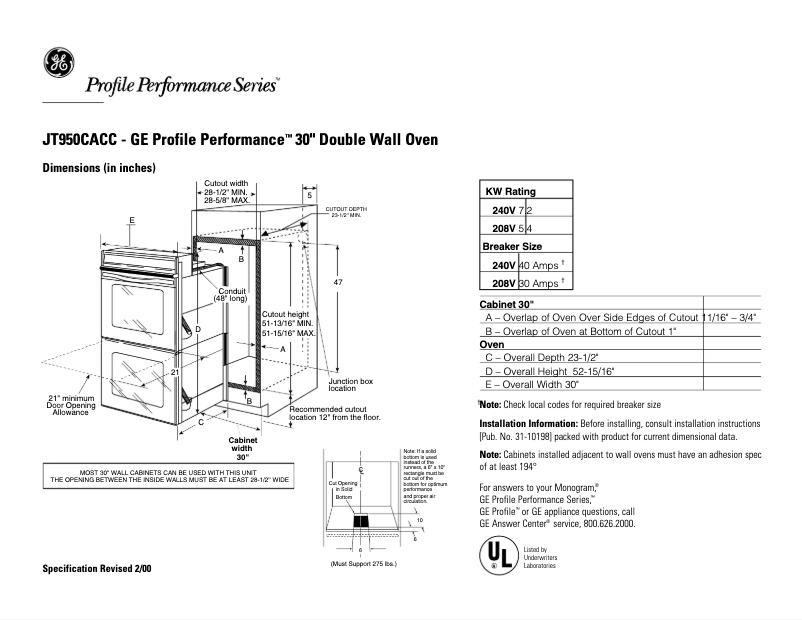 Page 1 de la notice Fiche technique GE Profile Performance JT950CACC
