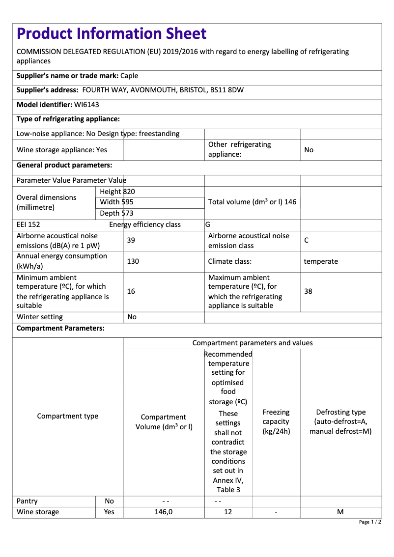Page n°1 - Fiche technique Caple Wi6143