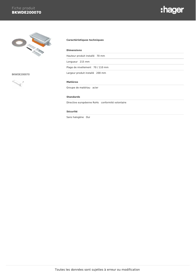 Page 1 de la notice Fiche technique Hager BKWDE200070