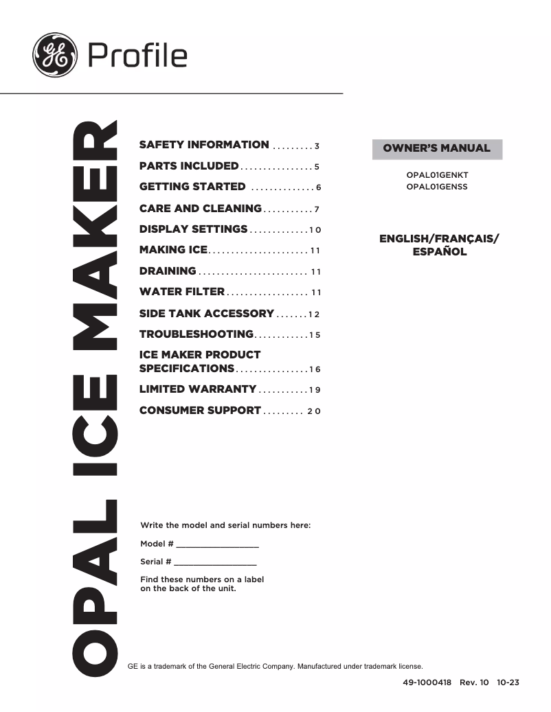 Page 1 de la notice Manuel utilisateur GE Profile OPAL01GEPSS