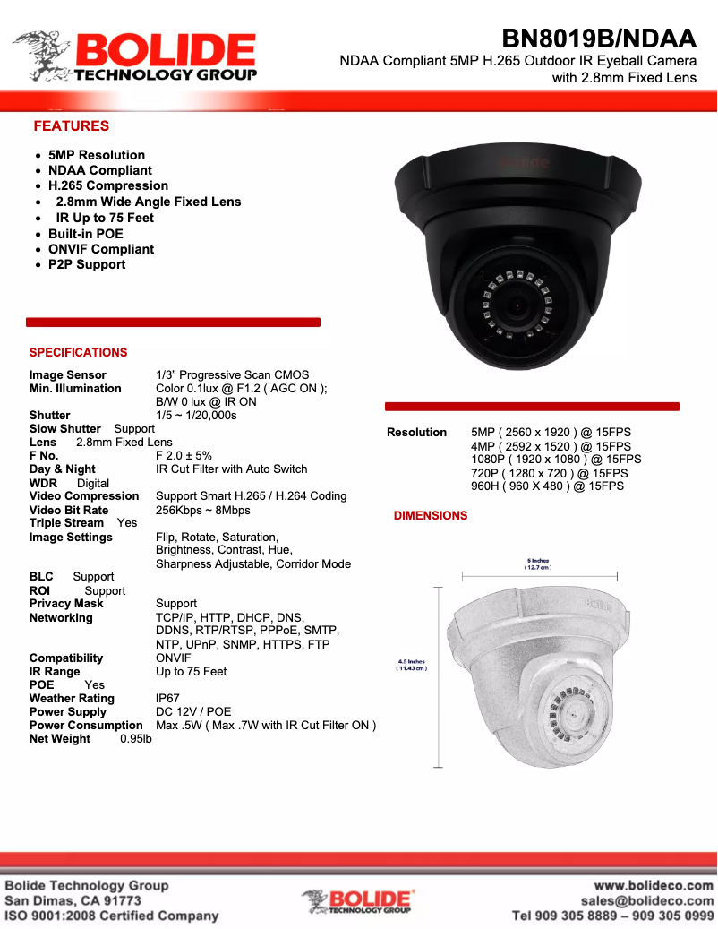 Page 1 de la notice Manuel utilisateur Bolide BN8019B/NDAA