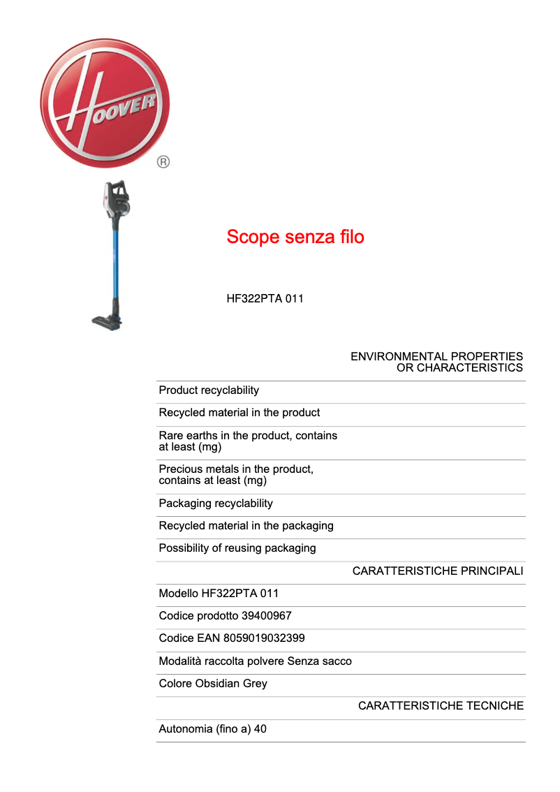 Page 1 of the manual Technical Sheet Hoover H-FREE 300 HF322PTA 011