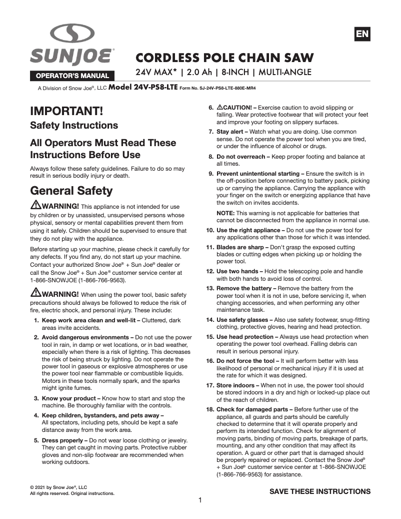 Page 1 de la notice Manuel utilisateur Sun Joe 24V-PS8-LTE