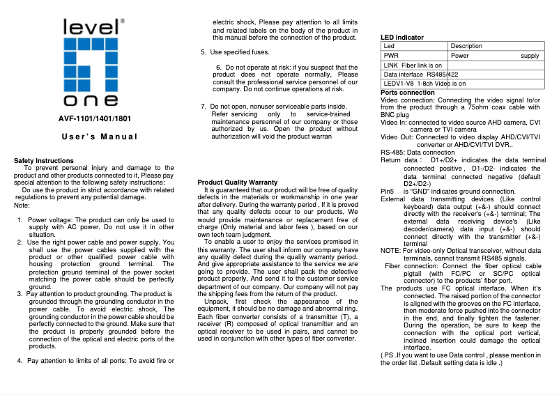 Page 1 de la notice Manuel utilisateur LevelOne AVF-1101