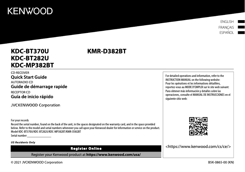 Página 1 del manual Guía de inicio rápido Kenwood KMR-D382BT