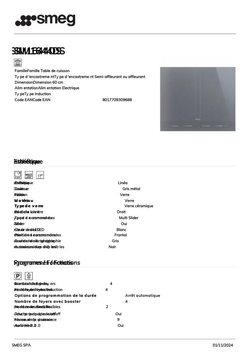 Page 1 de la notice Fiche technique Smeg SIM1644DS