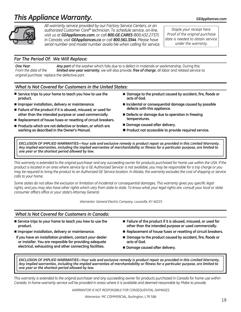 Page 1 de la notice Informations de garantie GE GNW128PSMWW