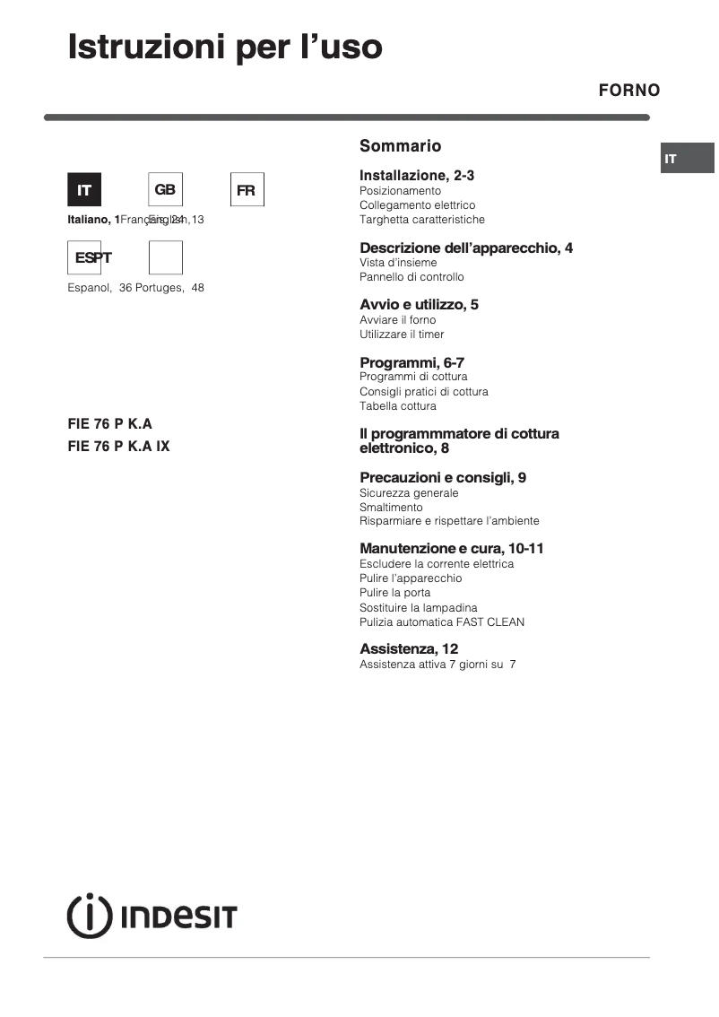 Page 1 de la notice Manuel utilisateur Indesit FIE 76 P K.A (BK)