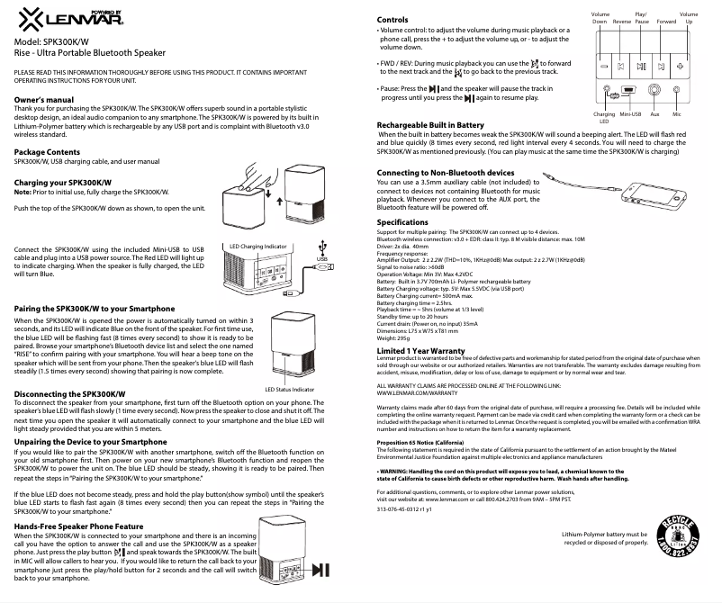 Page n°1 - Manuel utilisateur Lenmar SPK300K