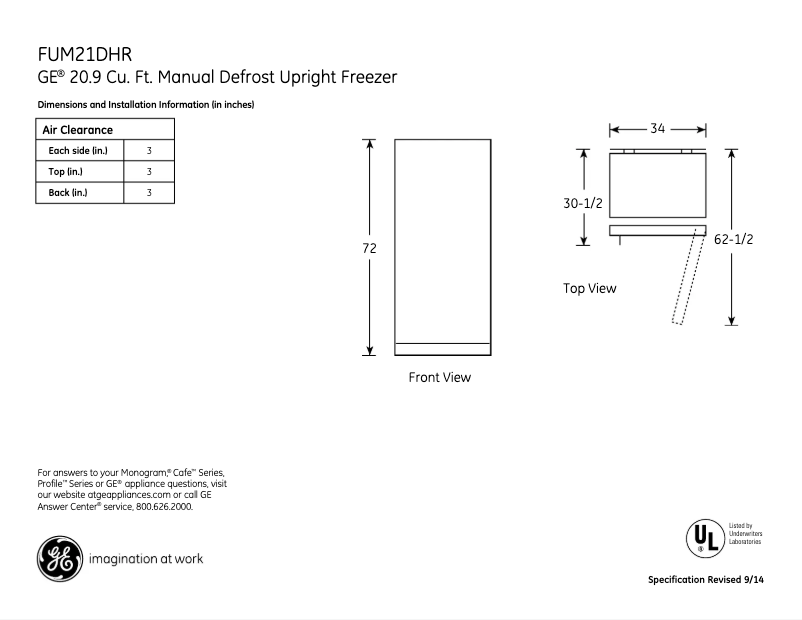 Page 1 of the manual Technical Sheet GE FUM21DHRWW