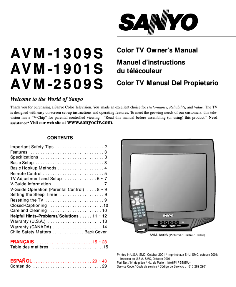 Page 1 de la notice Manuel utilisateur Sanyo AVM1309S