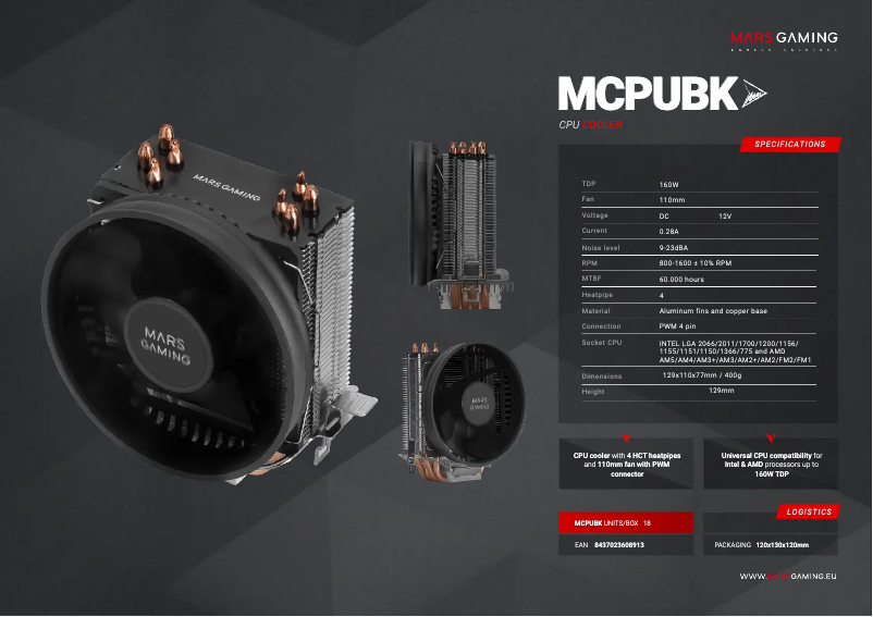 Page 1 de la notice Fiche technique Mars Gaming MCPUBK