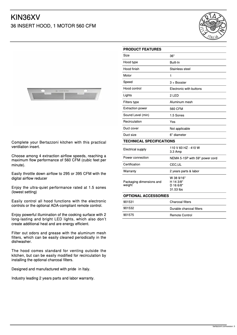 Page 1 de la notice Fiche technique Bertazzoni KIN36XV