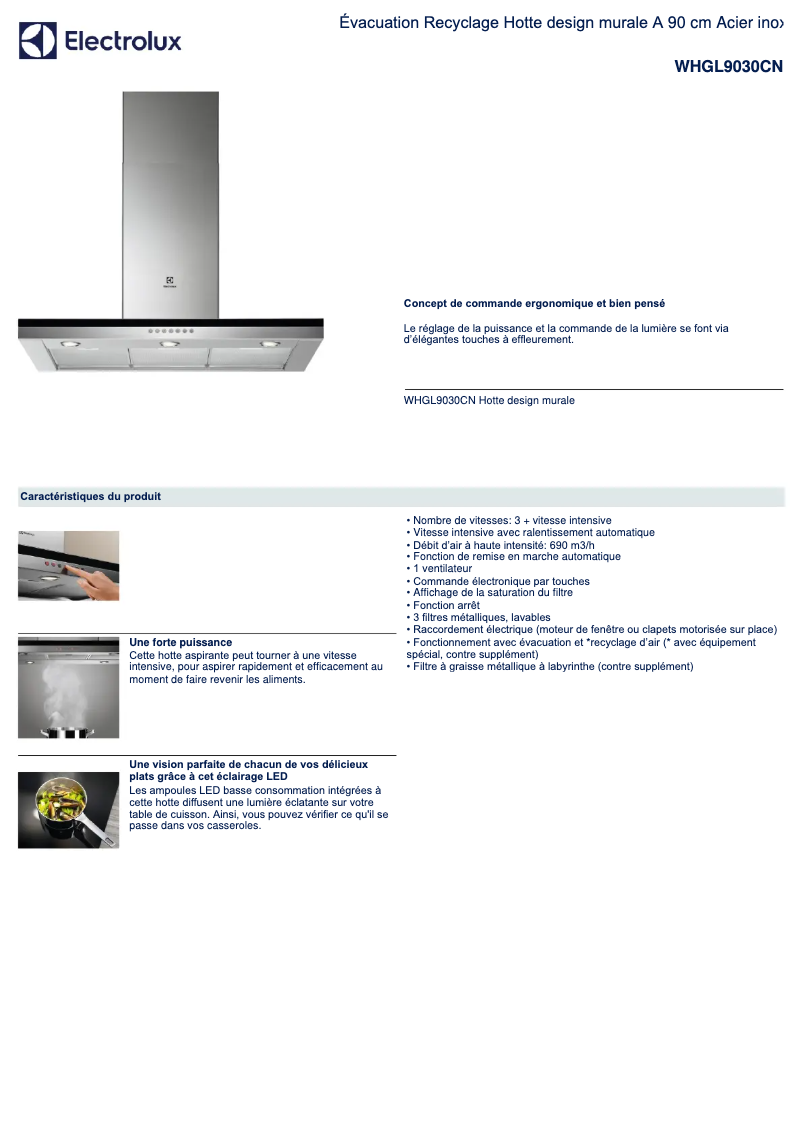 Page 1 de la notice Fiche technique Electrolux WHGL9030CN
