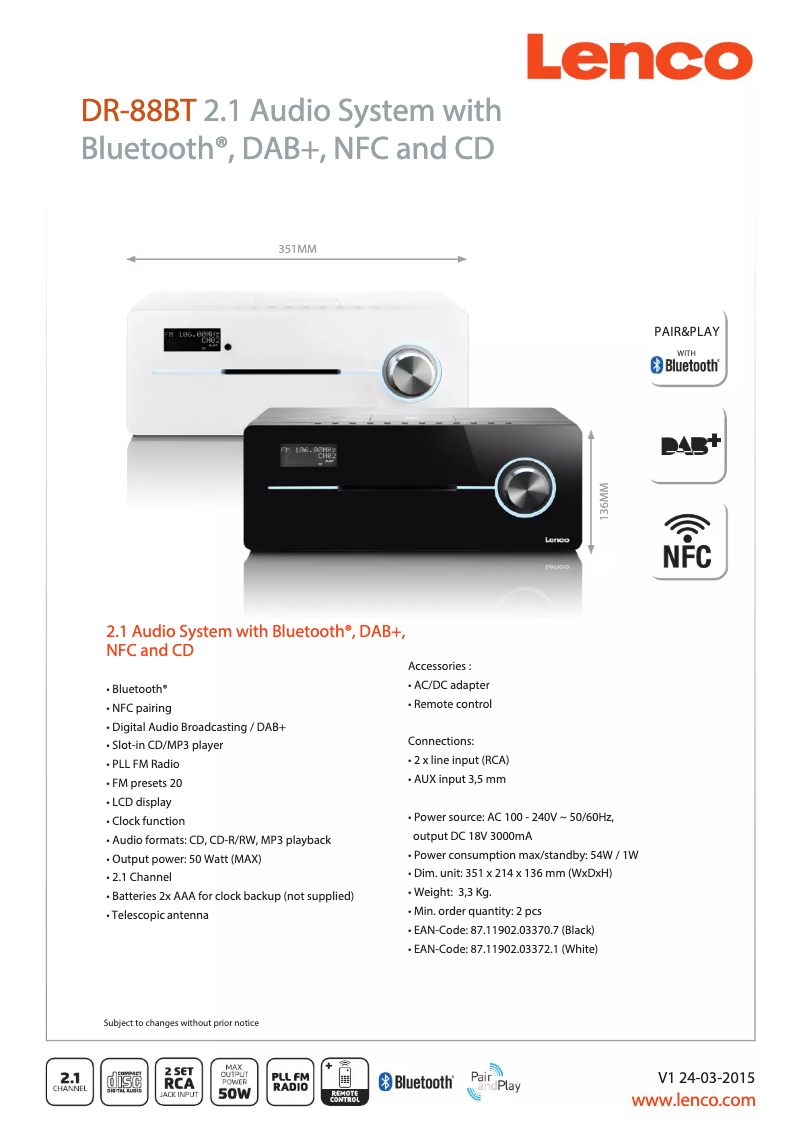 Página 1 del manual Ficha técnica Lenco DR-88 BT