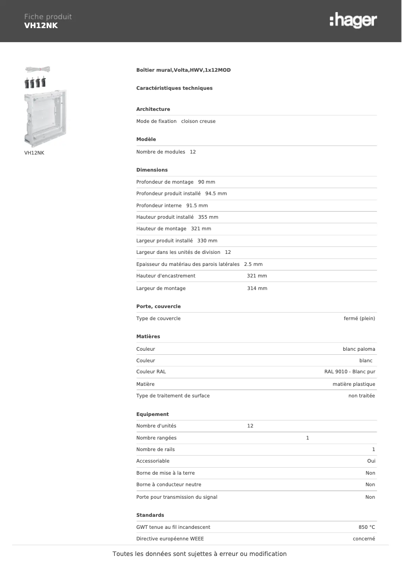 Page n°1 - Fiche technique Hager VH12NK