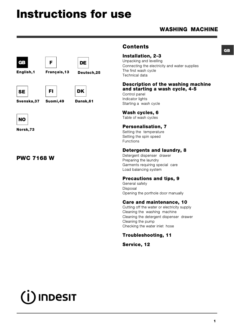 Page n°1 - Manuel utilisateur Indesit PWC 7168 W