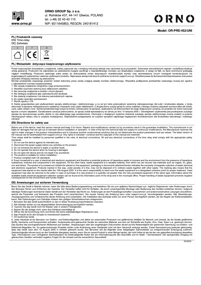 Page 1 de la notice Manuel utilisateur ORNO OR-PRE-452