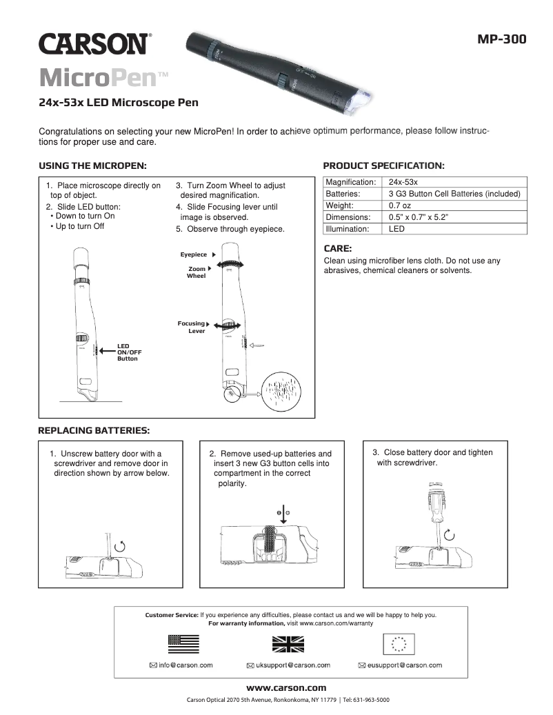 Page 1 de la notice Manuel utilisateur Carson MicroPen MP-300
