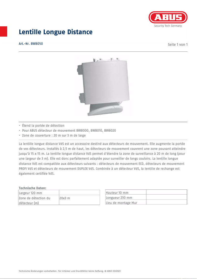 Page n°1 - Fiche technique Abus BW8050
